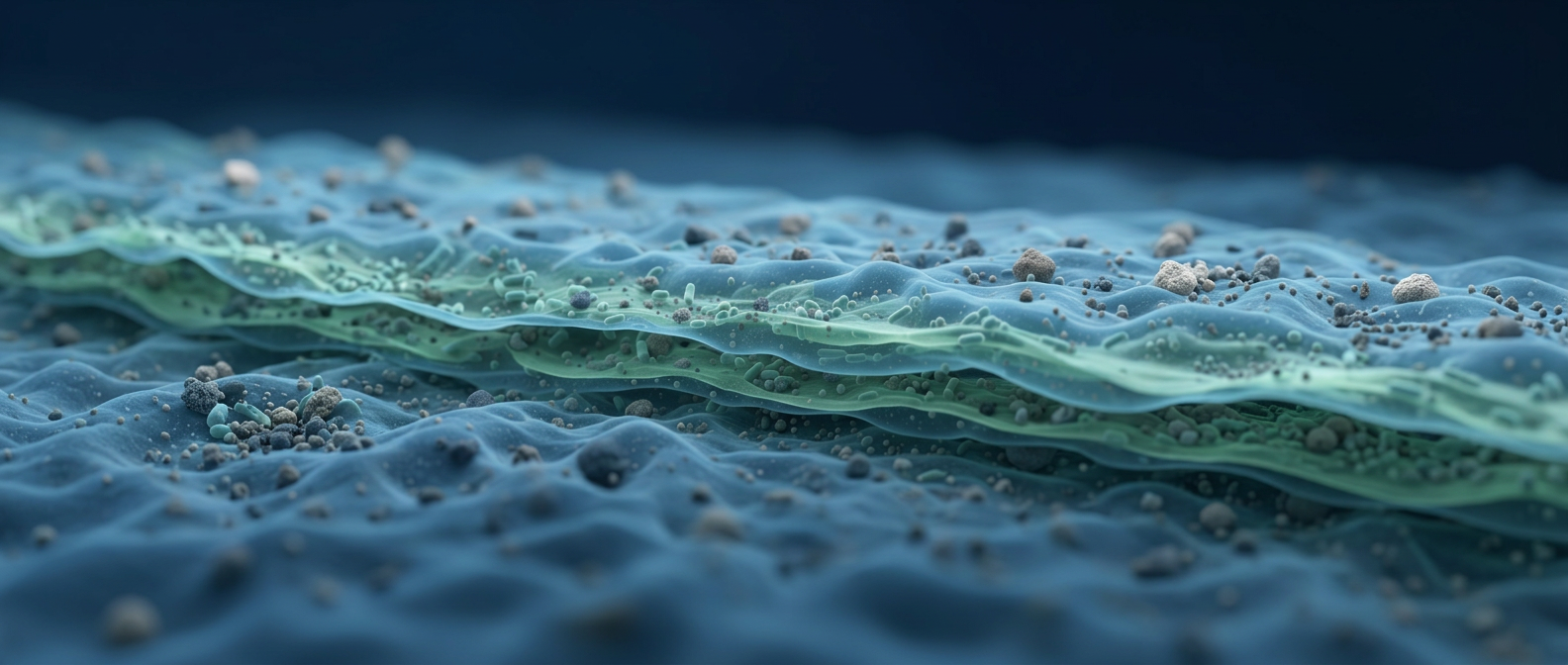 Mikroskopische Darstellung einer Biofilmstruktur auf einer Oberfläche